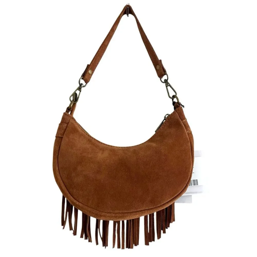 NWT Marlon Italy Suede Fringe Crescent Hobo Bag Brown Western Cowgirl Festival